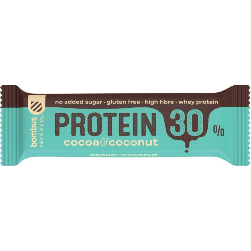 Baton Proteic cu Cacao si Nuca de Cocos, 30% Proteine, 50g Bombus