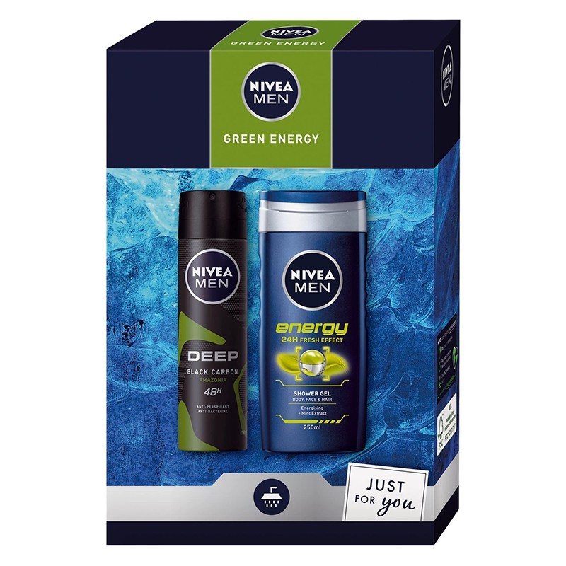 Set Cadou Nivea Men: Deodorant Spray Deep Amazonia, 150 ml si Gel de dus Energy For Men, 250 ml
