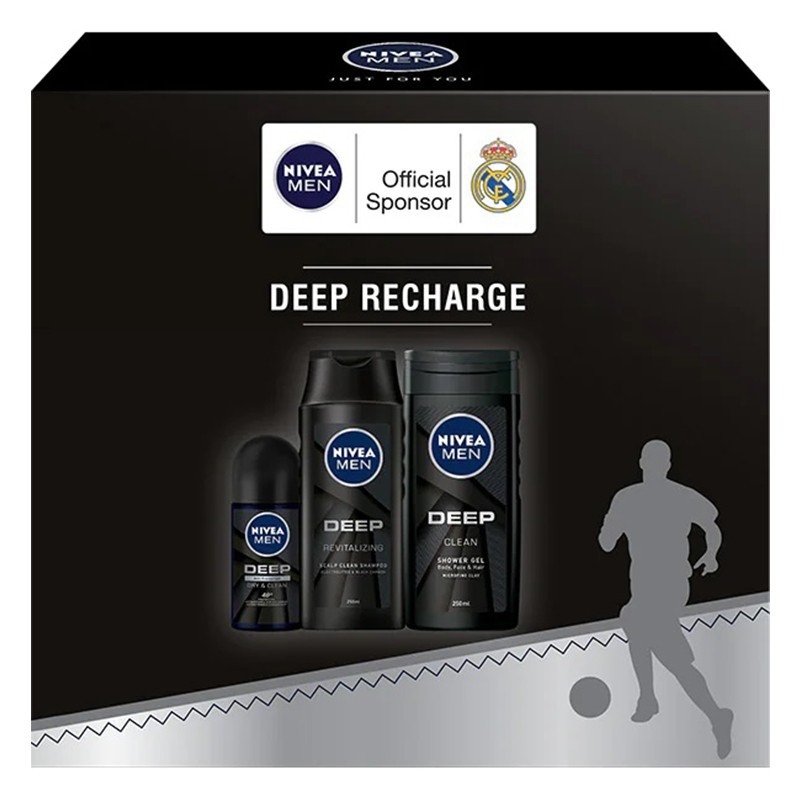 Set Cadou Nivea Men Deep Recharge: Deodorant Roll-on 50 ml, Gel de Dus 250 ml, Sampon Nivea 250 ml