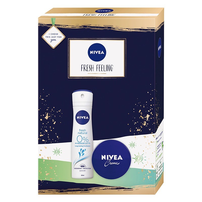 Set Cadou Nivea, pentru Femei: Deodorant Spray Nivea Natural Fresh, 150 ml + Crema de Corp Nivea Creme, 75 ml