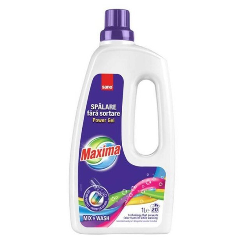 Detergent de Rufe Lichid Sano Maxima Power Gel Mix & Wash, Protejeaza Culorile, 20 Spalari, 1 l