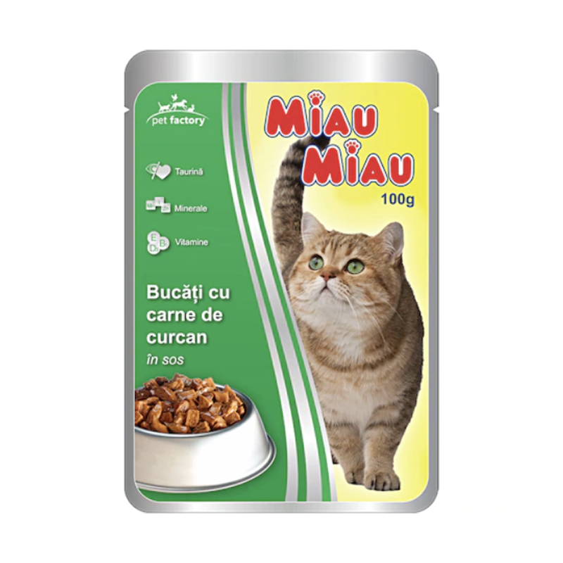 Hrana Umeda pentru Pisici Miau Miau cu Curcan in Sos, Plic, 100 g