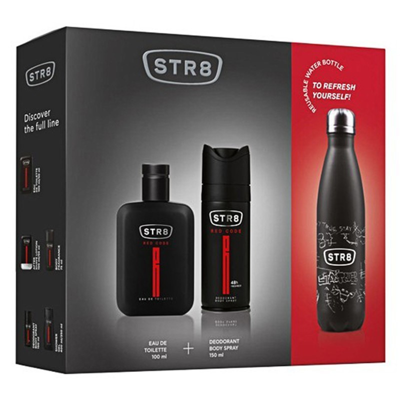Set Cadou STR8 Red Code, pentru Barbati: Apa de Toaleta 100 ml, Deodorant Spray 150 ml si Sticla pentru Apa