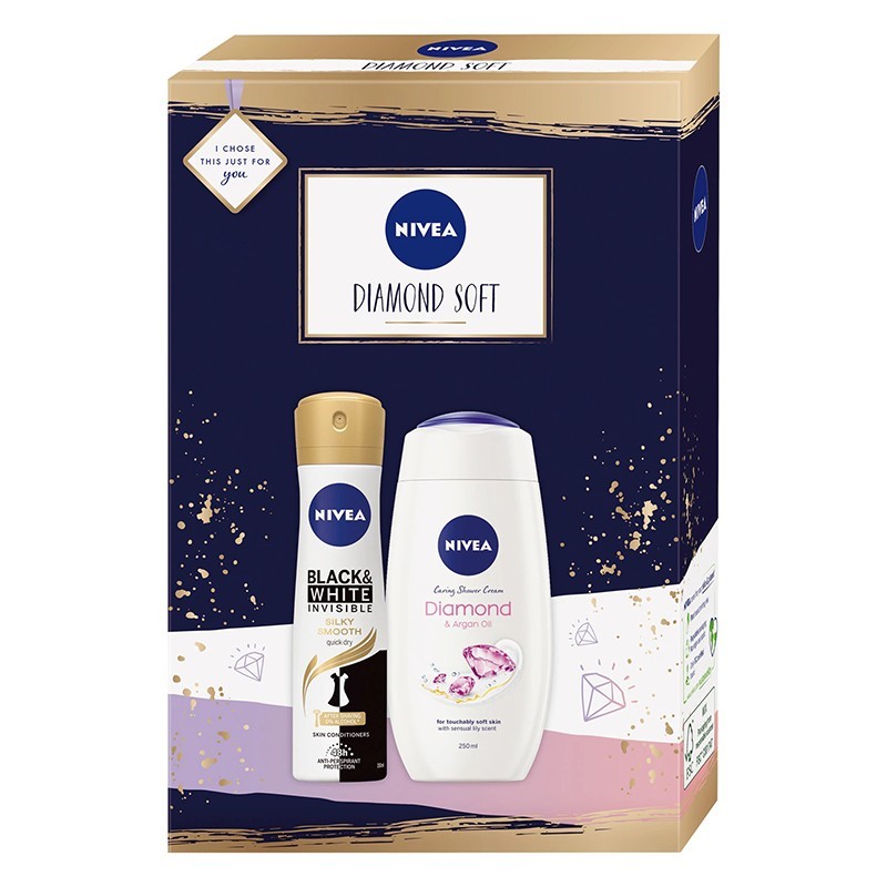 Set Cadou Nivea, pentru Femei: Deodorant Spray Invisible Black & White Silky Smooth, 150 ml si Gel de Dus Care & Diamond, 250 ml