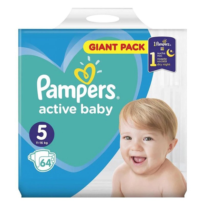 Scutece Pampers Active Baby Giant Pack, Marimea 5, 11 - 18 kg, 64 Bucati