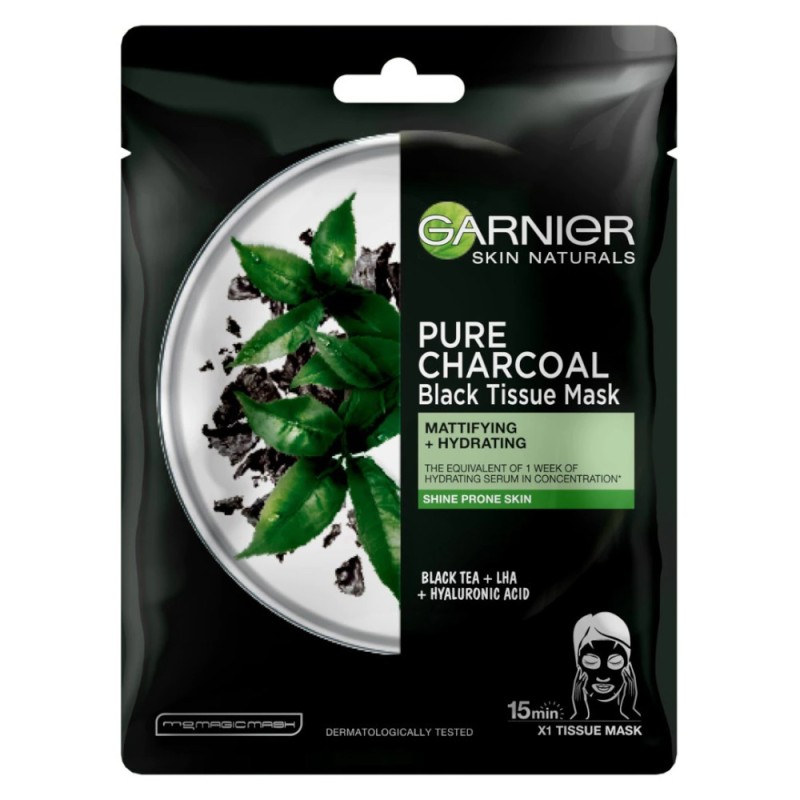 Masca Servetel Garnier Skin Active Pure Charcoal, cu Ceai Negru si Acid Hialuronic, 28 g