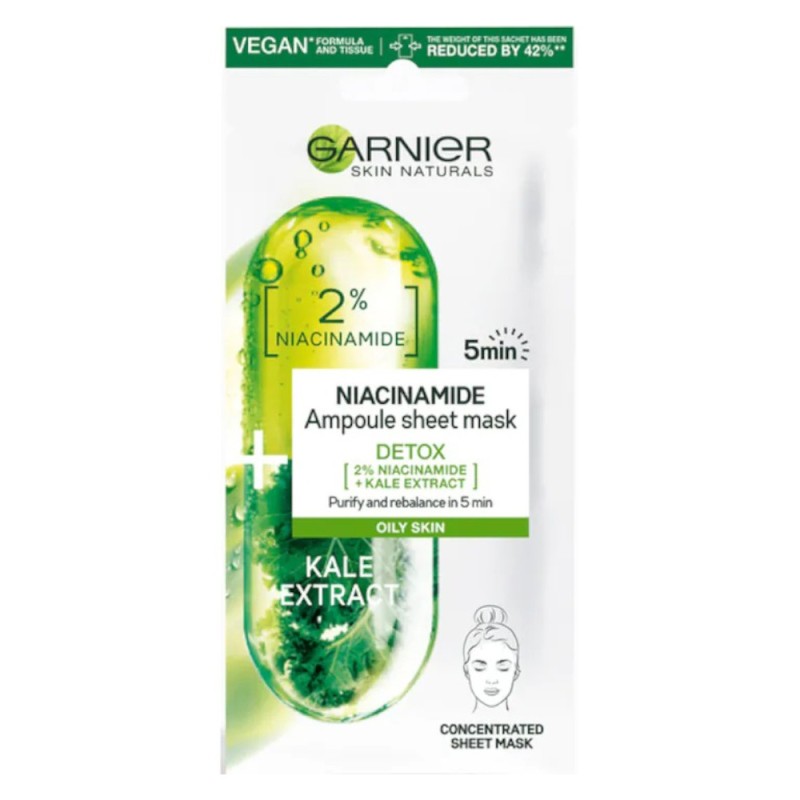 Masca Servetel Garnier Skin Naturals Ampoule Detox, cu Kale si Niacinamide, 15 g