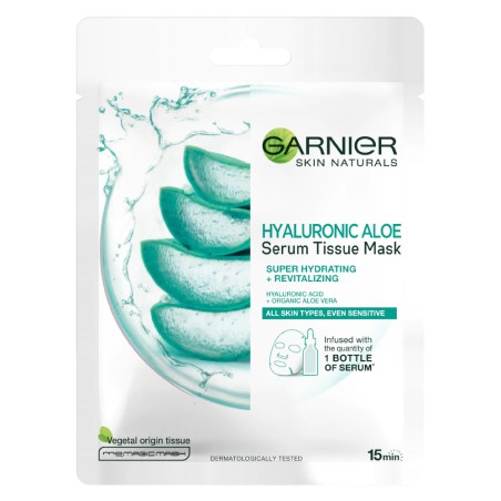 Masca Servetel Garnier Skin Naturals, cu Acid Hialuronic si Aloe Vera, pentru Toate Tipurile de Ten, 28 g...