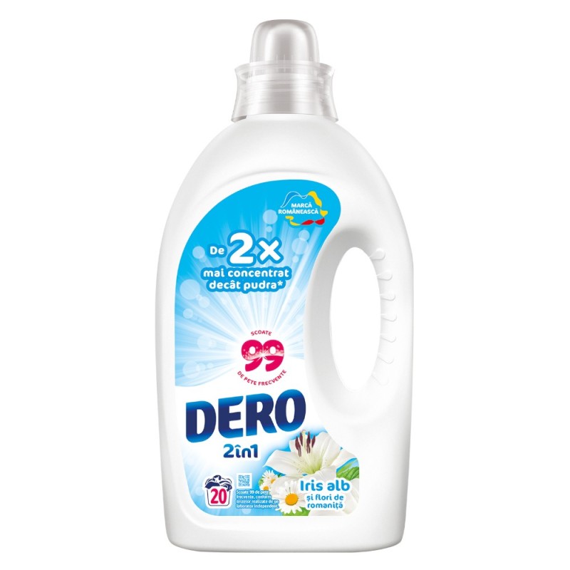 Detergent de Rufe Lichid Dero 2 in 1, cu Iris Alb, 20 Spalari, 1 l