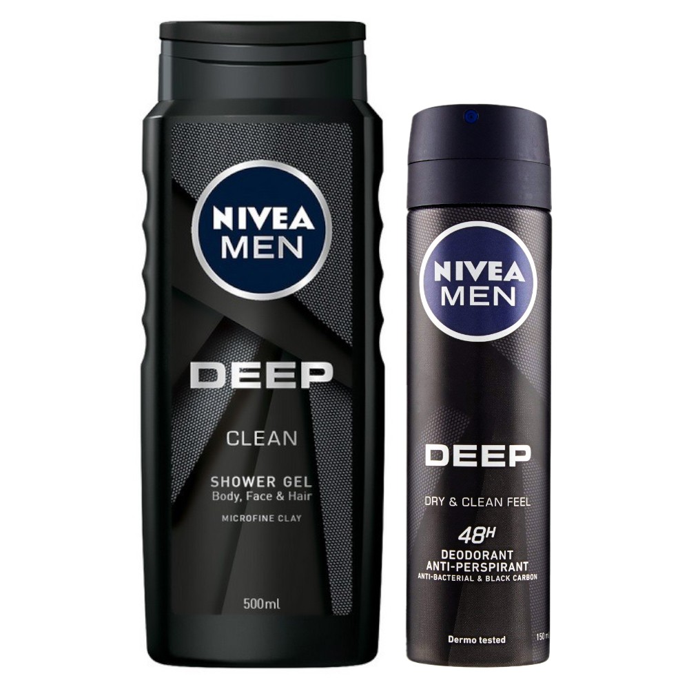 Pachet Promo Nivea Men Deep: Gel de Dus, 500 ml si Deodorant Spray Dry & Clean, 150 ml