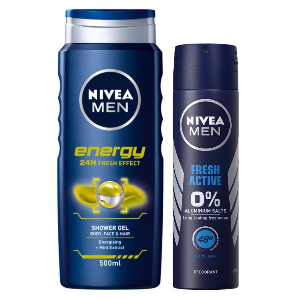 Pachet Promo Nivea Men: Gel de dus Energy, 500 ml si Deodorant Spray Fresh Active 0% Aluminium, 150 ml