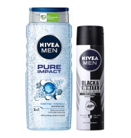 Pachet Promo Nivea Men: Gel de Dus Pure Impact, 500 ml si Deodorant Spray Black & White Invisible, 150 ml