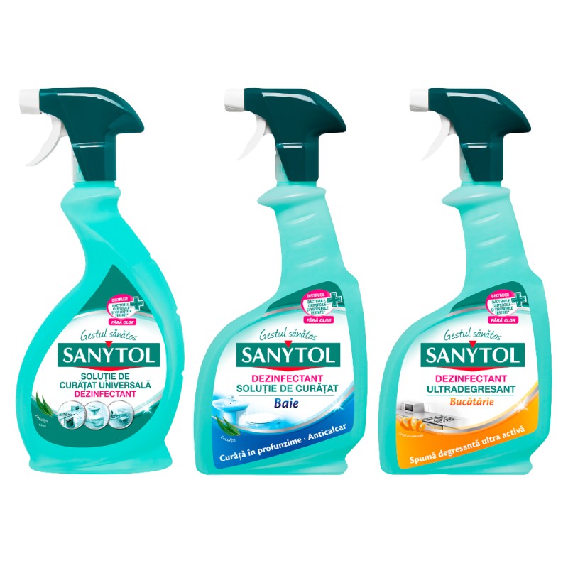 Set Curatenie Sanytol: Dezinfectant Universal Multisuprafete, Dezinfectant Baie si Dezinfectant Bucatarie, 500 ml