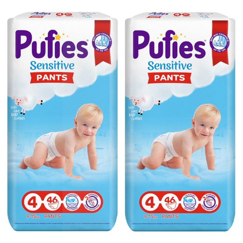 Pachet 2 x 46 Scutece Chilotel Pufies Pants Sensitive Maxi, Marimea 4, 9-15 Kg