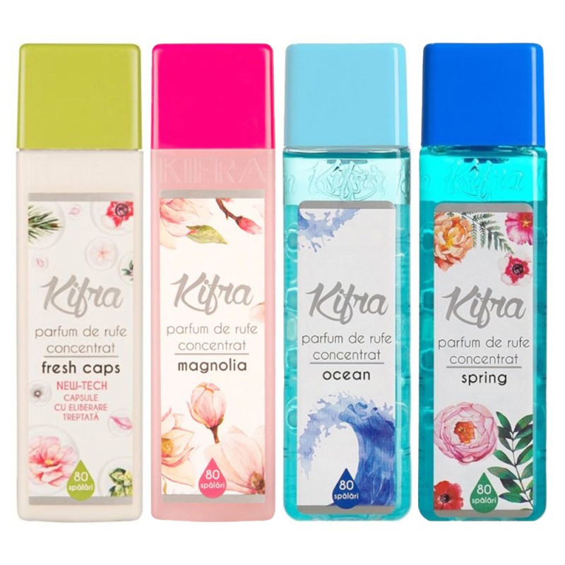 Pachet 4 x Parfum de Rufe Kifra, Fresh Caps, Ocean, Spring, Magnolia, 4 x 80 Spalari, 4 x 200 ml
