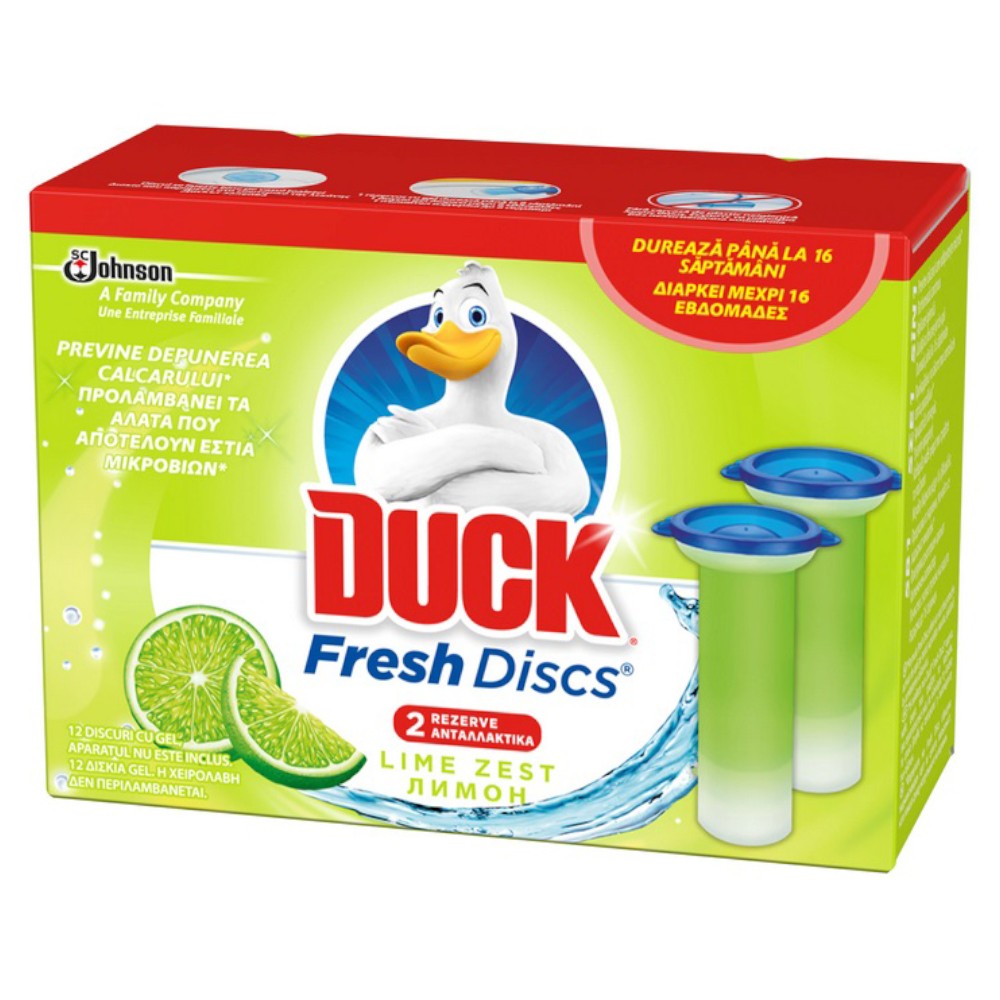 Rezerve Odorizant Gel pentru Vasul Toaletei Duck Fresh Disc Lime, Lamaie, 2 Tuburi x 36 ml, 12 Discuri