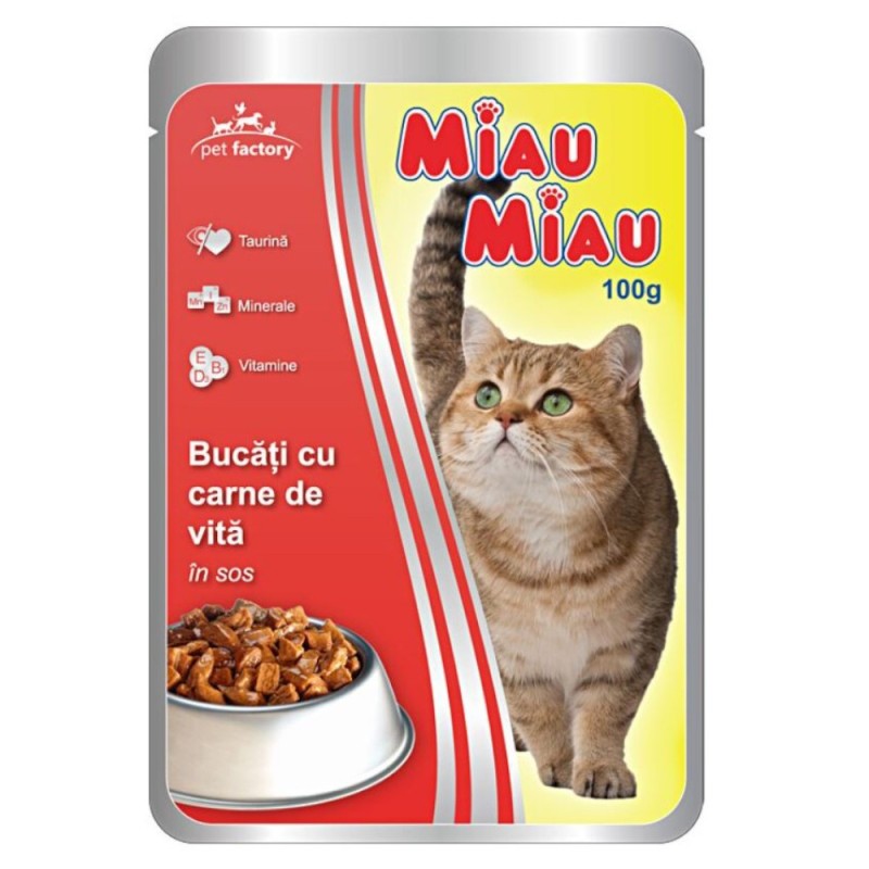 Hrana Umeda pentru Pisici Miau-Miau, Vita in Sos, Plic, 100 g