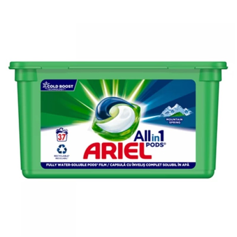Detergent Capsule Ariel All in One PODS Mountain Spring, Cold Boost, 37 Spalari