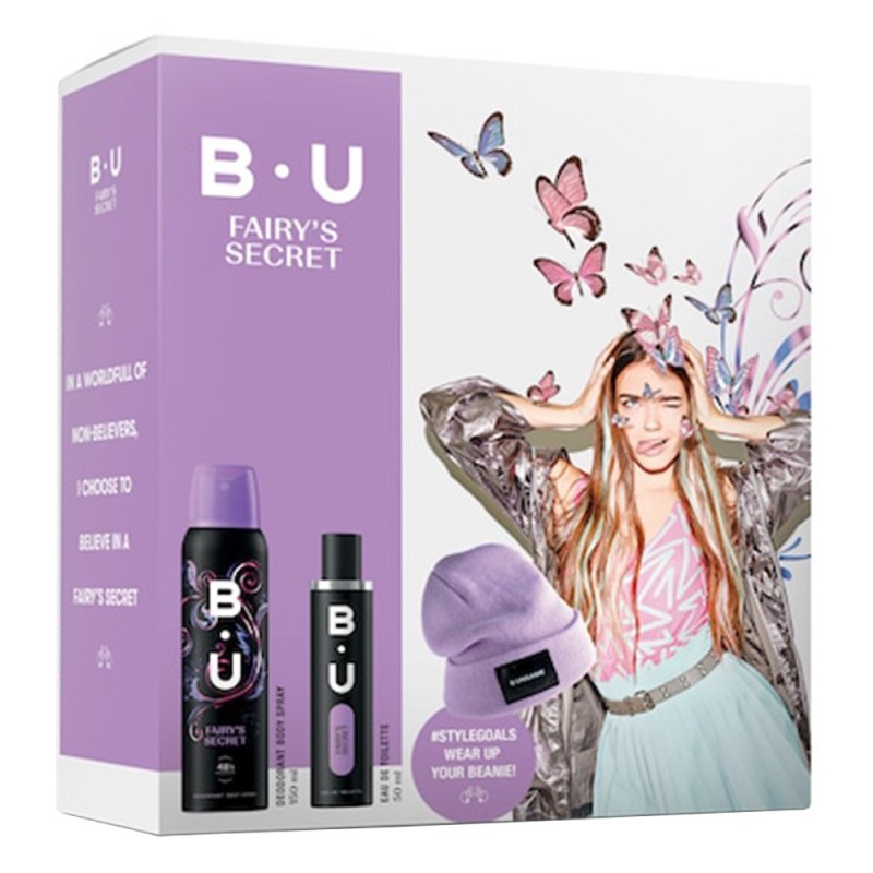 Set Cadou B.U. Fairy's Secret, Femei, Apa de Toaleta 50 ml, Deodorant Spray pentru Corp 150 ml si Caciula Cadou