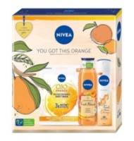 Set Cadou Nivea Orange Masca Servetel Q10 Energy 1 Bucata, Gel de Dus Fresh Blends Mango 300 ml si Deodorant Spray 150 ml