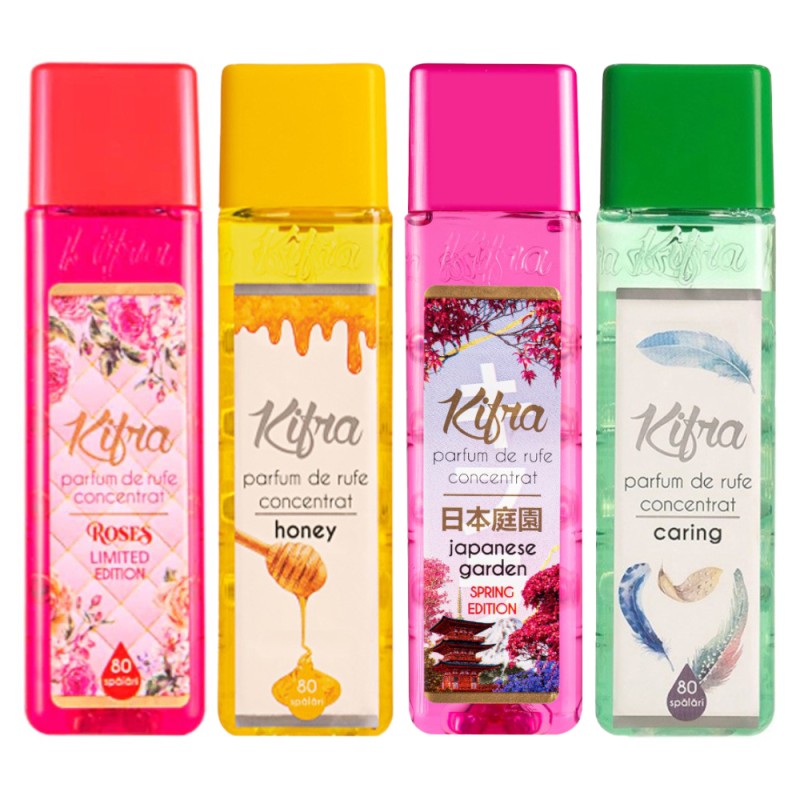 Pachet Parfum de Rufe Kifra, Roses, Honey, Japanese Garden si Caring, 4 x 80 Spalari, 4 x 200 ml