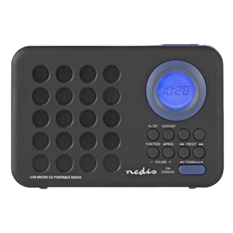 Radio cu Ceas si Alarma 3 W Port USB si MicroSD Negru/Albastru, Nedis
