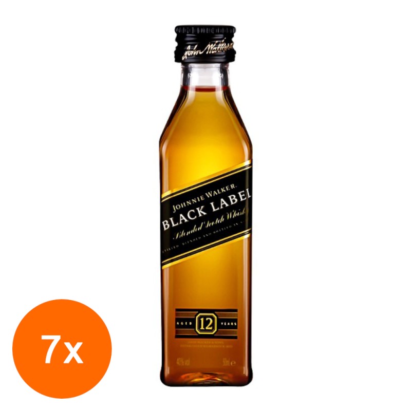 Set Whisky Johnnie Walker Black 12 Ani, 40% Alcool, 7 Sticle x 0.05 l