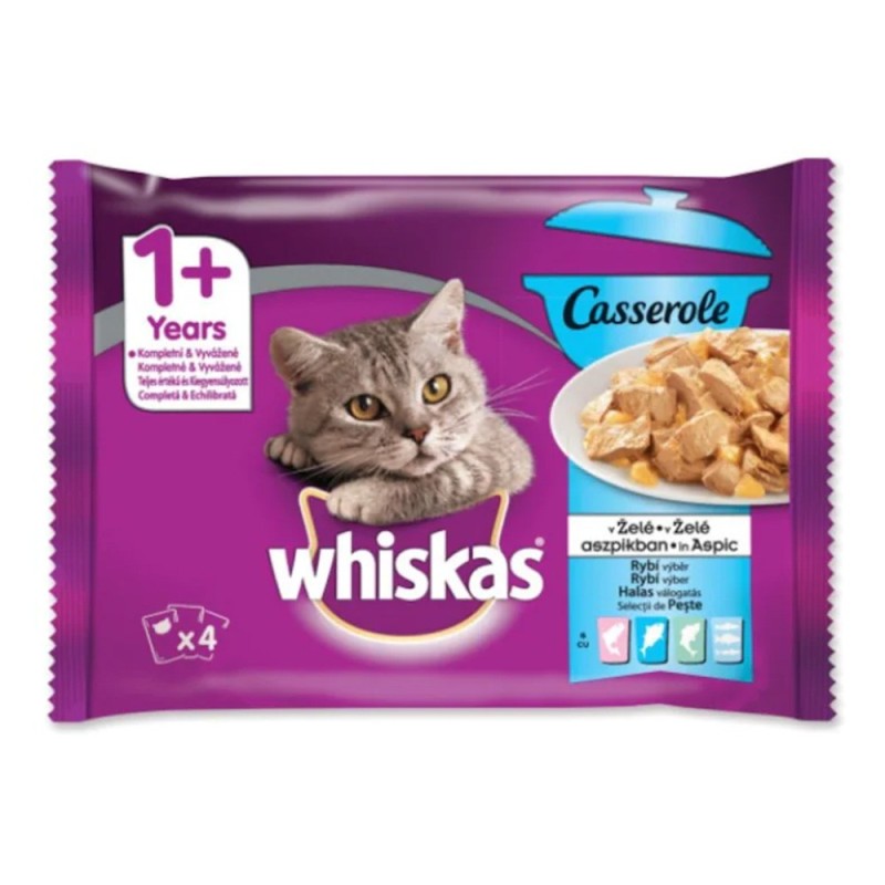 Set Hrana Umeda pentru Pisici Whiskas Casserole Selectii Adult, cu Peste, 4 Plicuri x 85 g