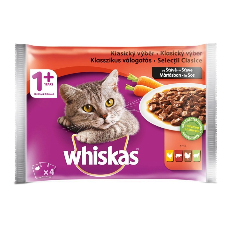 Set Hrana Umeda pentru Pisici Whiskas Selectii Adult, cu Carne si Legume, 4 Plicuri x 100 g