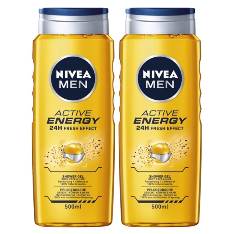 Set Gel de Dus Nivea Men Active Energy, cu Cafeina, 2 Bucati x 500 ml