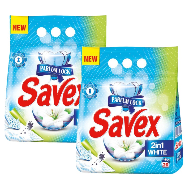 Set Detergent Rufe Automat Savex 2 in 1 White, 2 Bucati x 2 kg