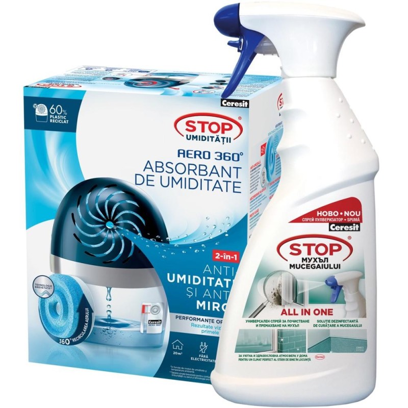 Absorbant Umiditate Ceresit Aero 360, Black, 450 g si Ceresit Stop Mucegai All in One, 500 ml