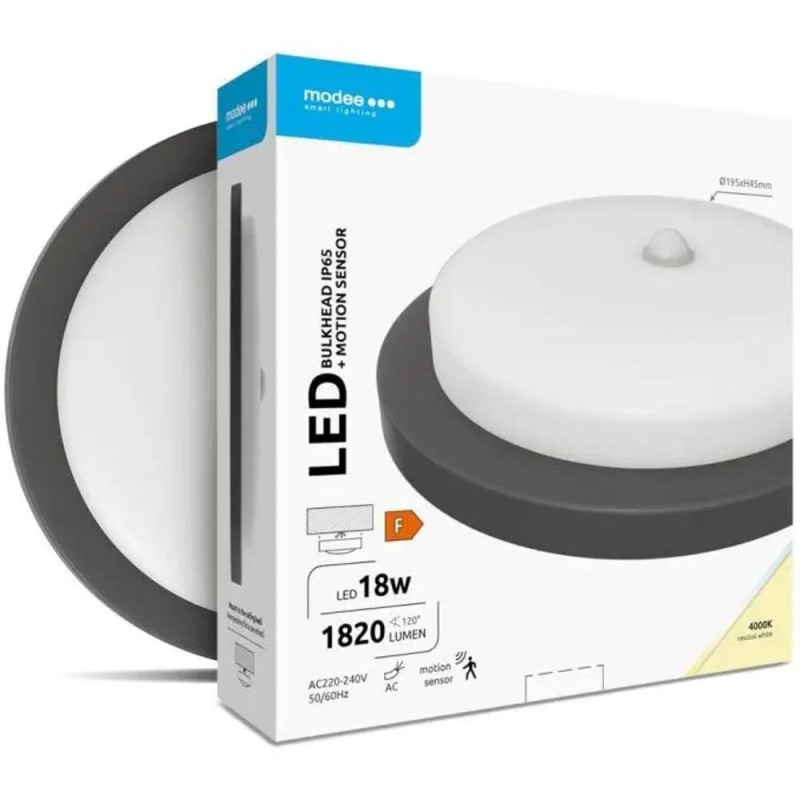 Aplica Perete Exterior cu LED Rotund 18 W, 1820 lm, Senzor Miscare, 19.5 cm, 4000 K, IP65, Negru, Modee