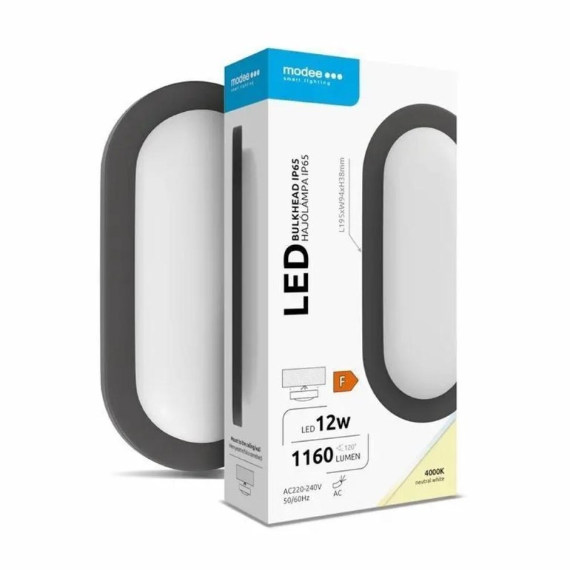 Aplica Perete Exterior Led Oval 12W, 1160 lm, 19.5 cm, 4000K, IP65, Negru, Modee