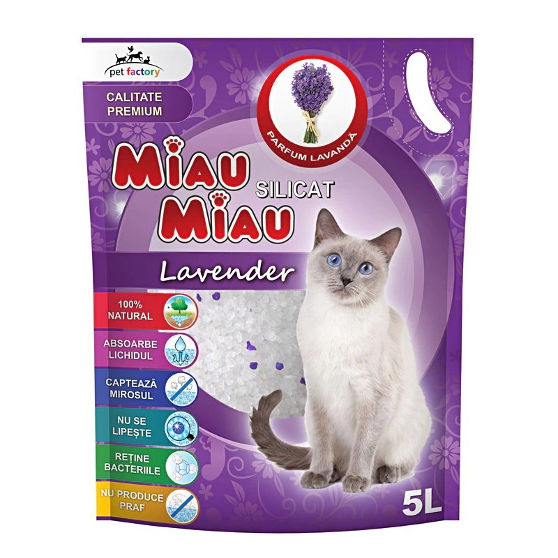 Asternut igienic pentru Pisici Miau-Miau, Silicat Lavanda, 5 l