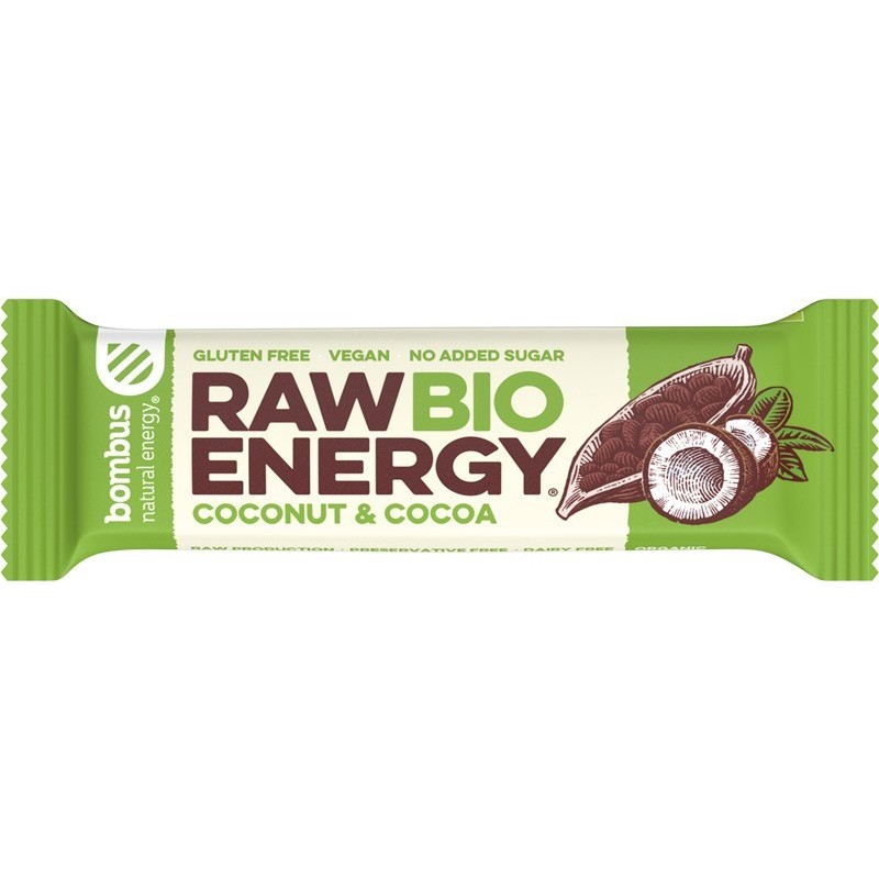 Baton Energizant Bio, Raw Energy, cu Nuca de Cocos si Cacao 50 g Bombus