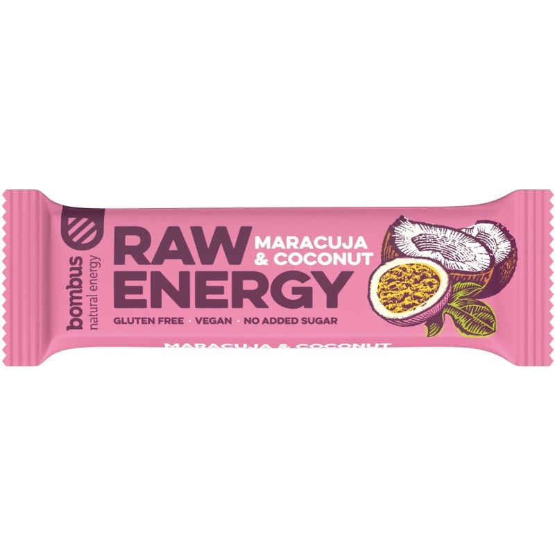Baton Proteic Raw Energy cu Maracuja si Nuca de Cocos, 50g Bombus