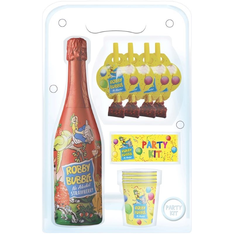 Bautura Racoritoare Carbogazoasa cu Suc de Capsuni Robby Bubble, Party Kit, 4 Pahare si 4 Trompete, 0.75 l