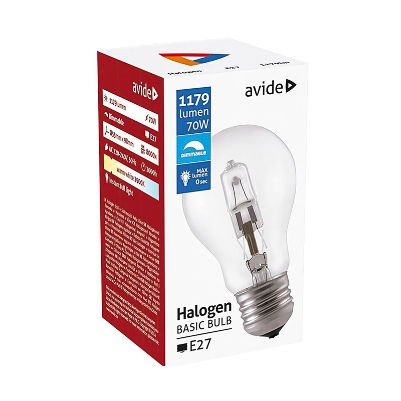Bec Avide Halogen Clasic E27, 70W / 90W, 1179 lm, 2000 Ore, 3000K, Lumina Calda