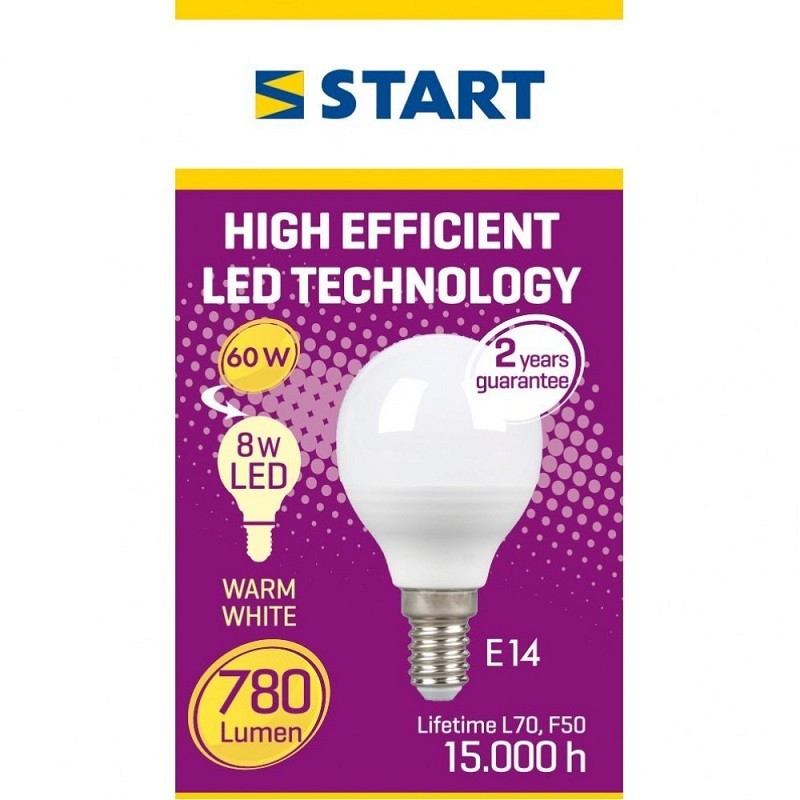 Bec Led Start Mat Clasic P, E14, 8W / 60W, 780 lm, 15000 Ore, Lumina Calda