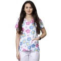 Bluza Medicala Dama Mira Imprimeu, Maneca Scurta, 2 Buzunare, Flori Albastre/Roz, XS