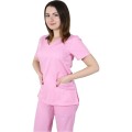 Bluza Medicala Dama Mira Premium, Maneca Scurta, 2 Buzunare, Roz deschis, XL