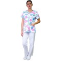 Bluza Medicala Dama Tina Imprimeu, Maneca Scurta, 2 Buzunare, Flori Albastre/Roz, XS