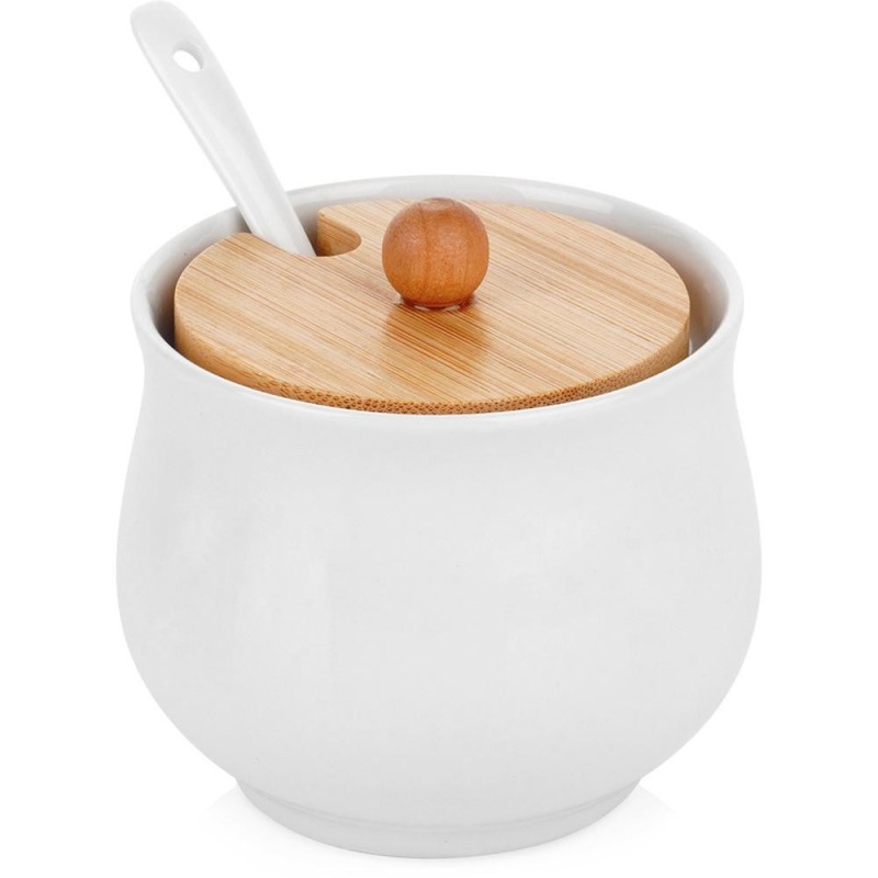 Bol pentru Zahar, Alb, Forma Rotunjita, din Ceramica si Bambus, 250 ml, Vilde