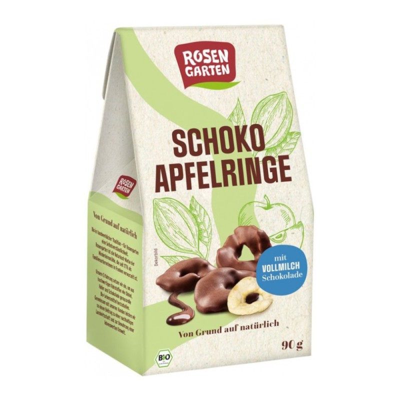 Bucati de Mere Bio Glazurate in Ciocolata cu Lapte, Rosen Garten, 90 g