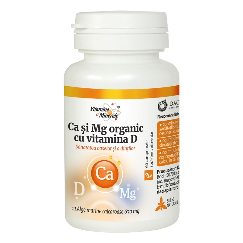 Calciu si Magneziu Organic cu Vitamina D, 60 Comprimate, Dacia Plant