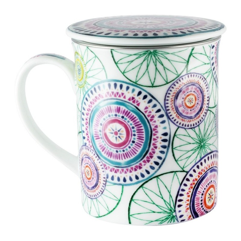 Cana din Portelan cu Capac si Infuzor din Otel Inoxidabil Model de Mandala Turcoaz Herbs Fruits