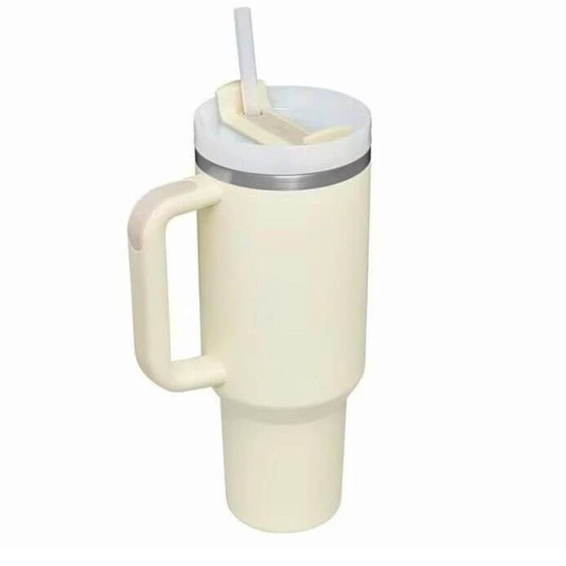 Cana Termica din Inox cu Paie, Perete Dublu, 1183 ml, Crem, Newalor