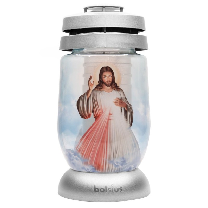 Candela Bolsius din Sticla 3 l cu Hristos, Argintie, 36 Ore