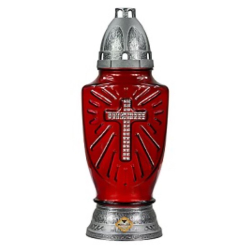 Candela din Sticla cu Cruce din Pietricele Max-Pol Rosu 50 Ore